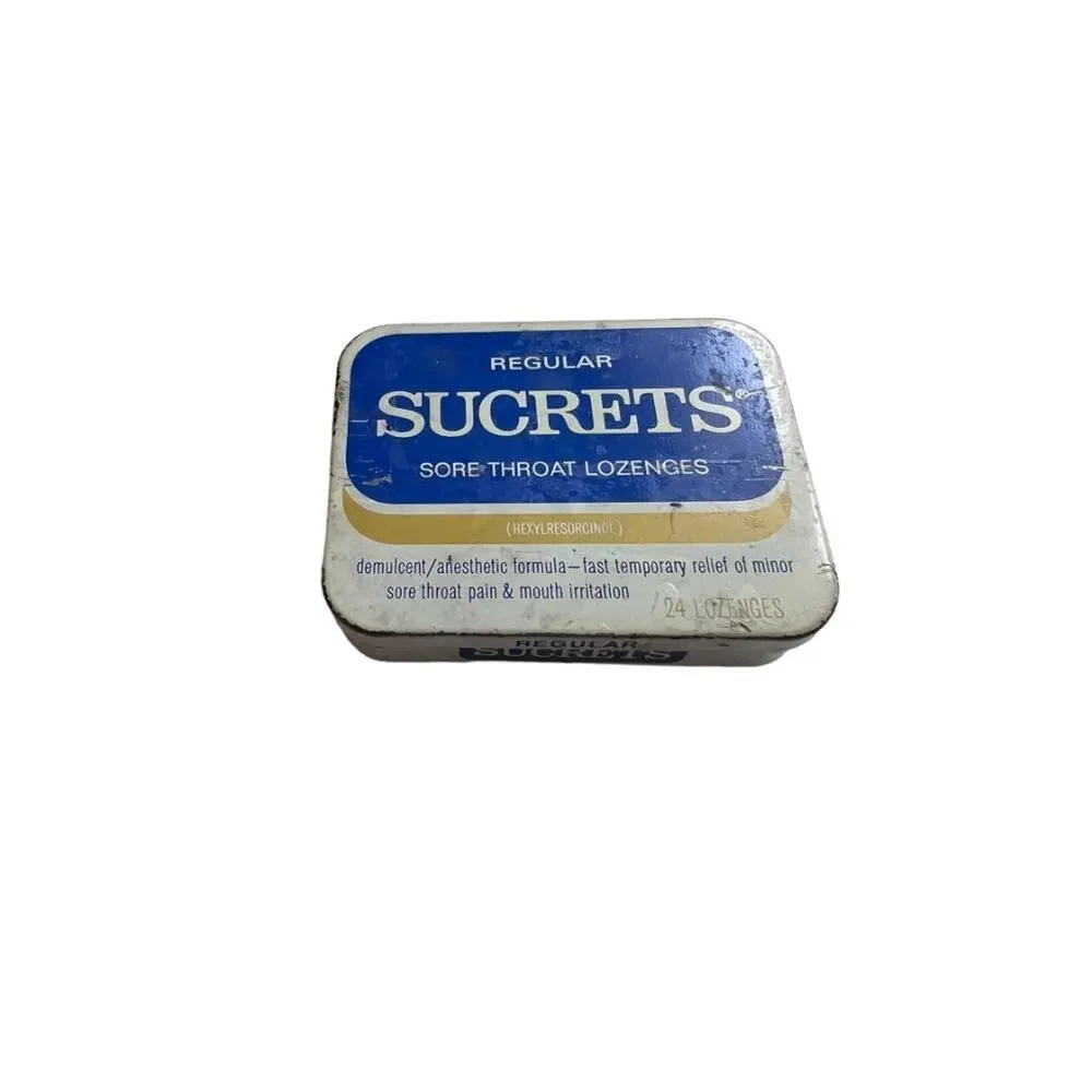 Vintage SUCRETS Tin Empty Sore Throat Lozenge Box Calgon Prop